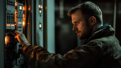 An electrician is working on an electrical panel. highlighting the technical aspects of electrical maintenance