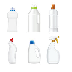 White plastic bottles cleaning products with colored caps, spray bottle Vector