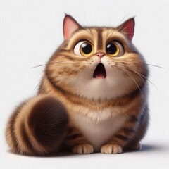 Fototapeta premium Cute animated cat with big eyes and surprised expression sitting upright on a white background