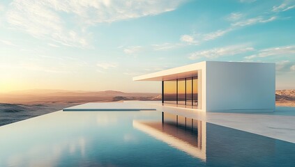 Modern house over infinity pool in desert landscape at sunset