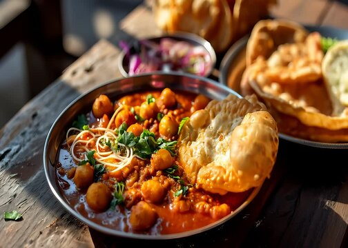 Chole Bhature served on a plate with garnishes, taken from an angle view in a professional food photo setting, showcasing vibrant colors and texture.
