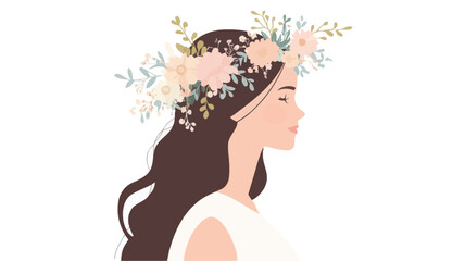 Digital illustration of a woman's profile, facing right. She has long brown hair and is wearing a crown of pastel-colored flowers and greenery.  The style is minimalist and vector-based,