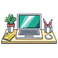 Modern Workspace with Laptop, Plant, Book, and Stationery Items