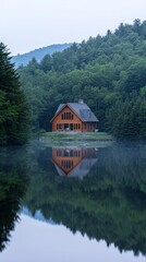 Obraz premium Serene Lakeside Cabin Reflecting in Tranquil Water