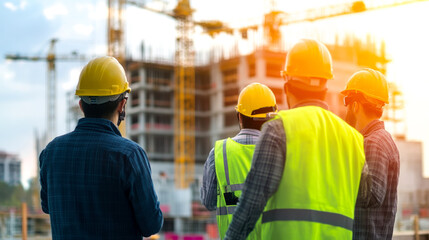 Construction workers in safety gear observe a building site, showcasing teamwork and dedication to safety in a bustling urban environment.