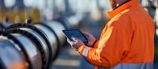 An engineer in an orange safety jacket is inspecting a large industrial pipe using a tablet device