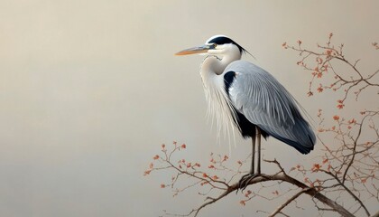Heron perched on a branch in nature, background shows soft light and calming effect