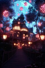 Obraz premium Victorian Mansion Glowing Under Moonlight. Ornate architecture. Peaceful scenery