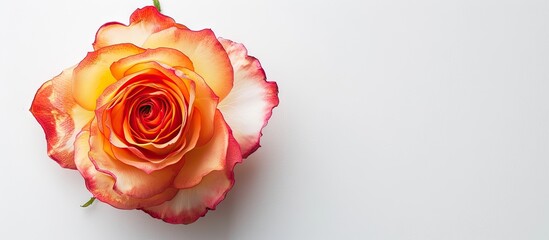 Vibrant orange rose with soft pink edges centered on a clean white background creating an elegant and fresh floral composition