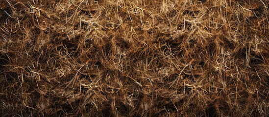 Bird's eye view of textured brown hay background featuring intricate details, ample golden-yellow spaces for copy, ideal for agricultural themes.