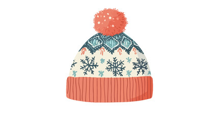 A digital illustration of a winter knit hat. The hat is primarily off-white with a teal and white snowflake pattern in the center.  It has an orange ribbed brim and a bright orange pompom