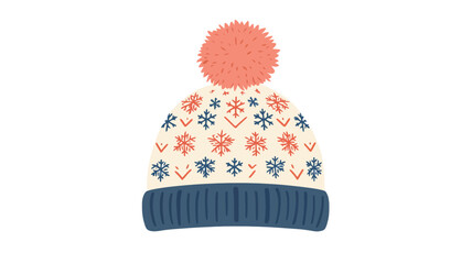 A digital illustration of a winter beanie hat. The beanie is primarily off-white or cream-colored with a repeating snowflake pattern in shades of coral and dark blue. The hat has a dark