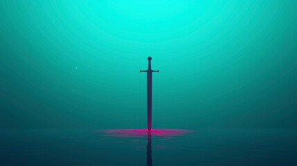 Naklejka premium Sword stands in water, light under it, creating a mystic, surreal scene