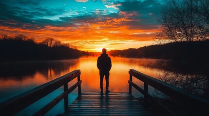 Fototapeta premium Serene Sunrise Man Silhouetted on Lake Dock Vibrant Sky Peaceful Nature Scene