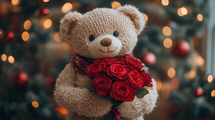Teddy Bear with Roses by Christmas Tree