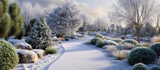 Winter garden scene featuring evergreen trees and frosted shrubs blanketed in fresh snow with a peaceful pathway and soft morning light.