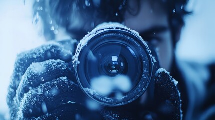 A close-up of a photographer adjusting their camera settings, with the camera lens in sharp focus against a soft background 