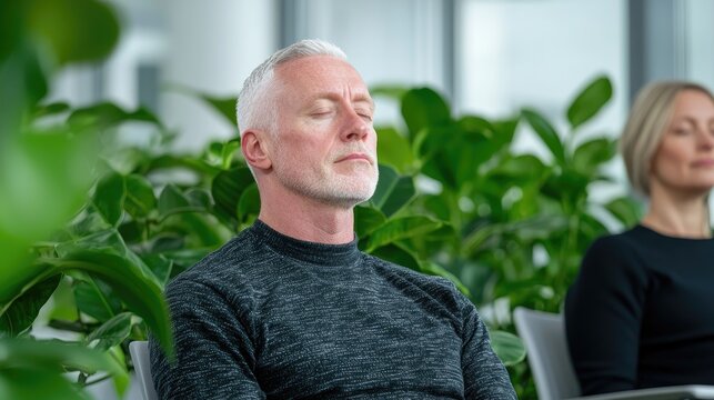 Relaxed adults meditating in office with plants. Possible use Stock photo for articles on mindfulness, wellness, and office environments