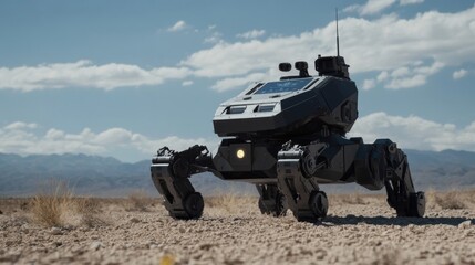 Fototapeta premium Autonomous Combat Robot in Desert Landscape