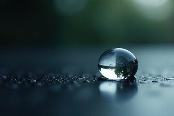 A Transparent Sphere Reflecting a Verdant Landscape on a Dark, Dew-Kissed Surface