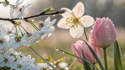 Macro image of spring flowers with droplets in pastel colors and soft blurred background