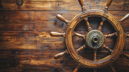 Fototapeta premium A detailed shot of a ship's helm on a light wooden background, providing room for text. picture