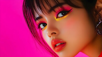 Fototapeta premium A close-up of a woman's face featuring vibrant makeup with bright pink, yellow, and bold lip colors against a pink background. Concept Vibrant Makeup, Bold Lip Colors, Close-Up Portrait