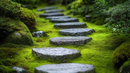 Naklejka premium Serene Japanese Garden Pathway with Moss and Stones