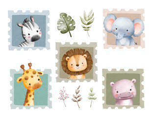 Watercolor Illustration Set of Cute Safari Animals Stamps and Tropical Leaves