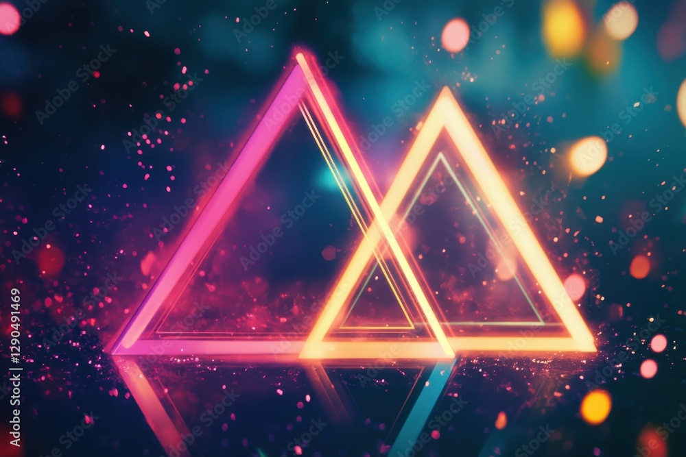Poster colorful neon triangles illuminate vibrant light spots in an abstract display, neon triangles over l