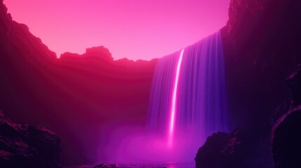 Pink waterfall in cave flows into water. For travel ads, fantasy scene use