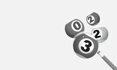 A modern and minimalistic composition featuring a set of black-and-white billiard balls with bold numbers (0, 2, 2, 3) floating in a dynamic arrangement on a light grey background