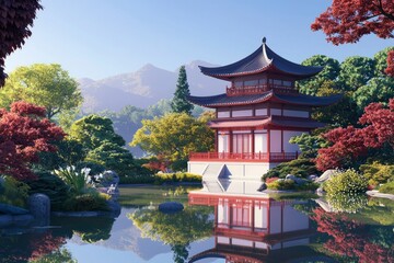 Serene pagoda reflected in calm water, amid vibrant foliage, mountain backdrop