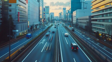 Bustling Japan Metropolis with City Road and Towering Skyscrapers at Dusk