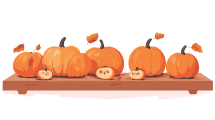 Digital illustration of six whole pumpkins and three slices of pumpkin arranged on a long, light brown wooden board against a white background.  The pumpkins are varying sizes, and are a