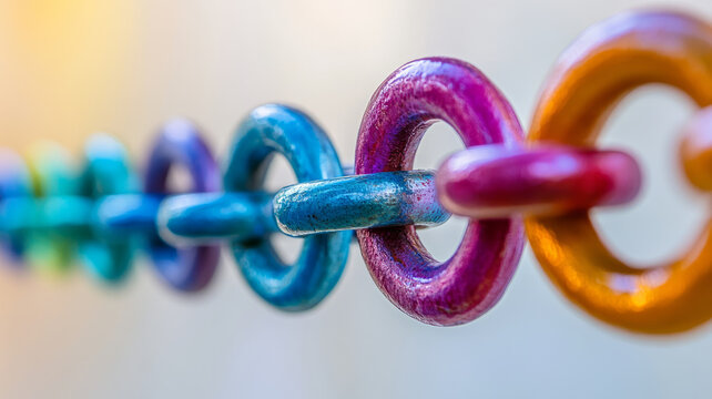 Colorful rainbow chain links in a close-up abstract view.