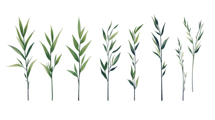 Obraz premium The image contains a collection of eight stylized sprigs of plants. Each sprig is depicted in varying shades of green, with simple, elongated leaves. The style is minimalist and flat, with