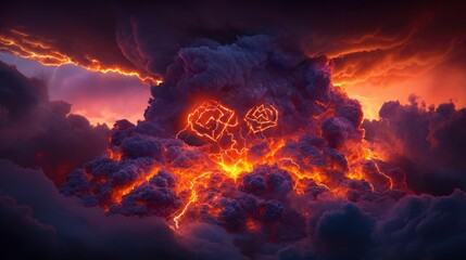 Fototapeta premium Volcanic storm cloud, fiery glow, electrical discharge, dramatic sky, power nature