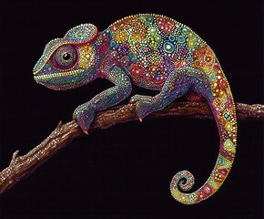 Fototapeta premium Colorful chameleon dot art on branch