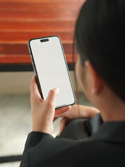 People Business. Beautiful Asian businesswoman working online phone in cafe, work from home. Businesswoman using phone. Employee make marketing budget plan, small business accounting. Happy people 