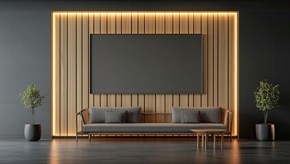 Modern minimalist living room mockup with empty poster and sofa