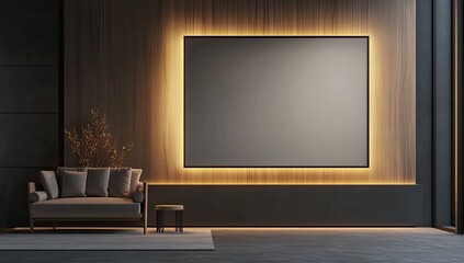 Modern living room, empty art display, warm lighting, city view