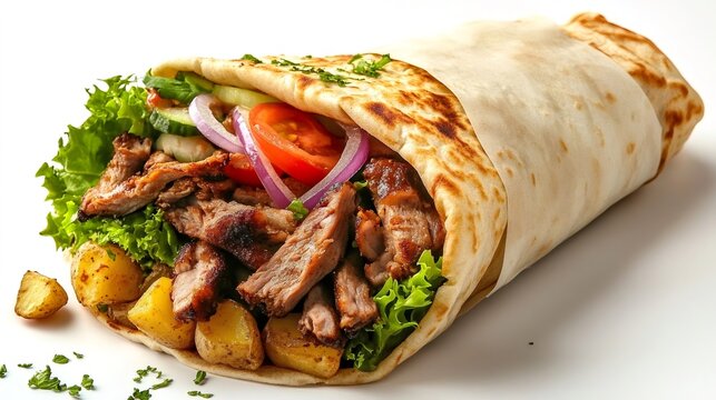 Delicious greek gyros pita wrapped with roasted meat, potatoes, and fresh vegetables