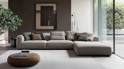 Modern Living Room Featuring a Spacious Sectional Sofa With Pillows and Minimalist Decor Under Natural Light in a Stylish Setting