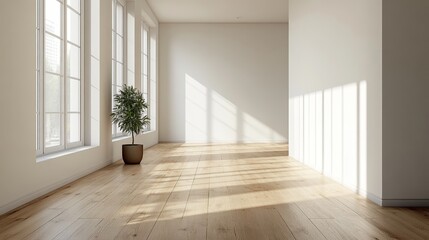 Bright Sunlight Streams Through Large Windows Into an Empty Room With Polished Wooden Floors, Creating a Warm and Inviting Atmosphere During the Daytime