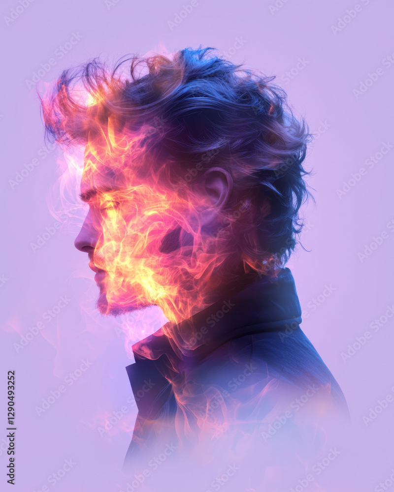 Poster vibrant portrait overlayed with floating translucent shapes, sharp contours, dreamy background