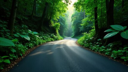 Obraz premium Serene Winding Road Through Lush Green Canopy of Trees on a Misty Morning