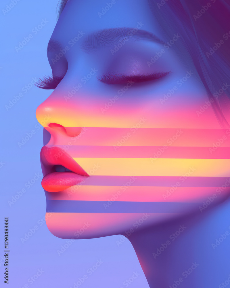 Poster surreal facial structure deconstructed by floating prismatic shapes, vibrant splashes of neon