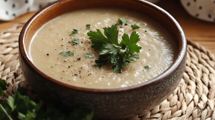 Creamy soup in a bowl garnished with parsley and black pepper.