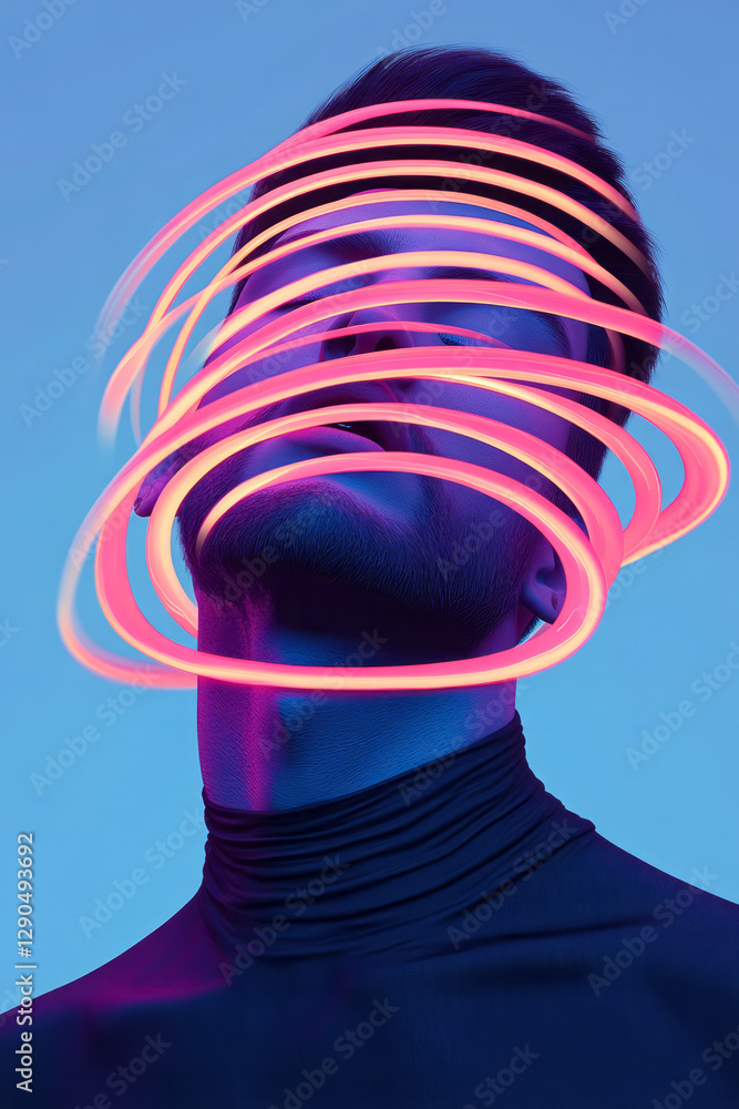 Poster hyperdetailed portrait fused with swirling neon lines that create an otherworldly halo effect, deep